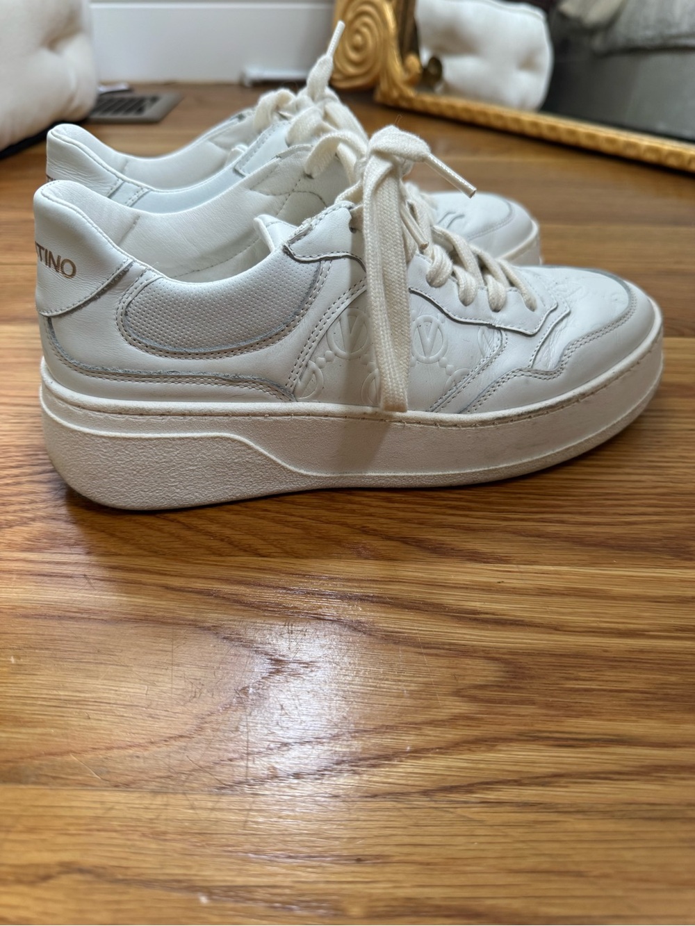 Valentino White Leather Platform Sneakers with Cream Laces - Picture 6 of 11
